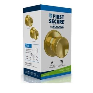 First Secure by Schlage Hawkins Knob Hall and Closet Lock in Bright Brass